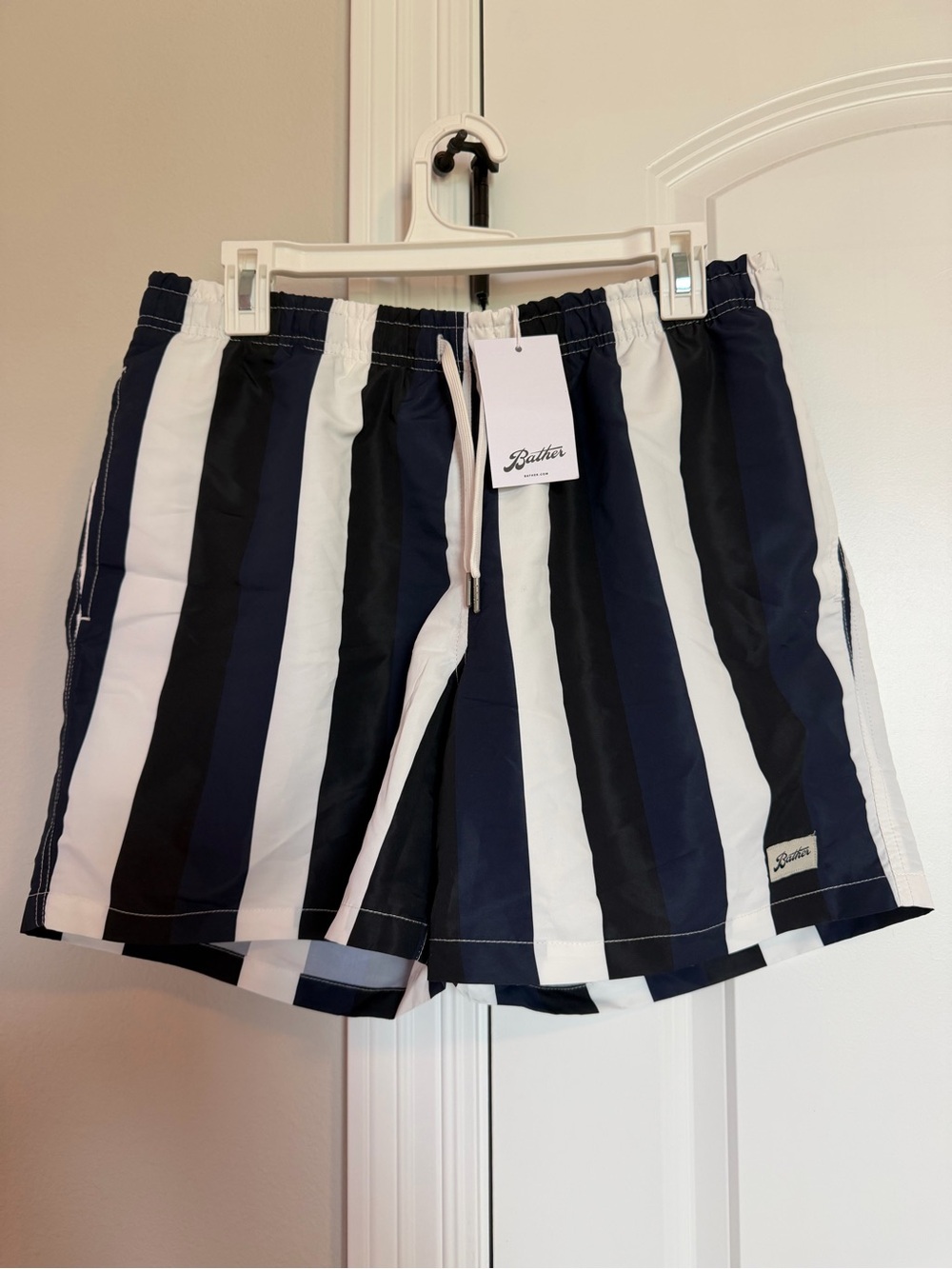 NWT Bather Swim Trunks - Blue & Black Vertical Stripe - Men's Size Large